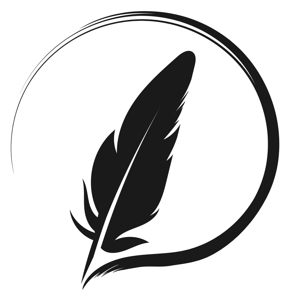 Quill pen round logo. Black feather symbol isolated on white